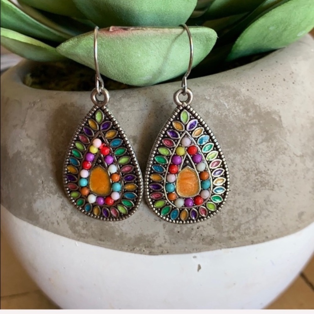 BOGO 3 Earring Set Multicolor Boho Teardrop Mosaic - Picture 3 of 8